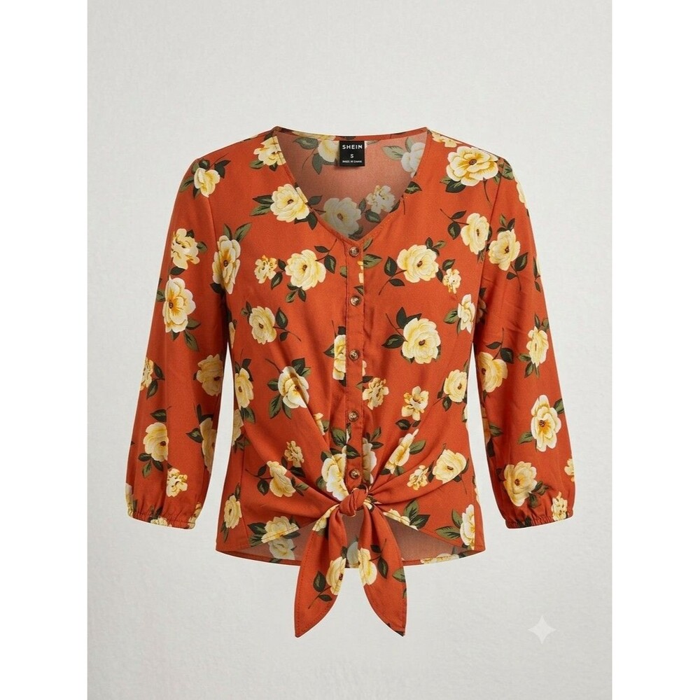 Speed Limit MPH Size 1X Floral Tie Front Blouse Rust Orange Button Top Women